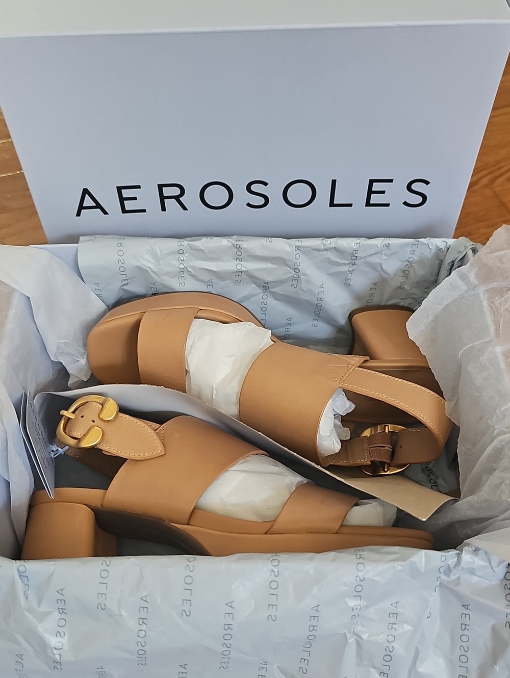 AEROSOLES Prym Cognac Tan Leather Block Heel Sandals with Gold Buckle
